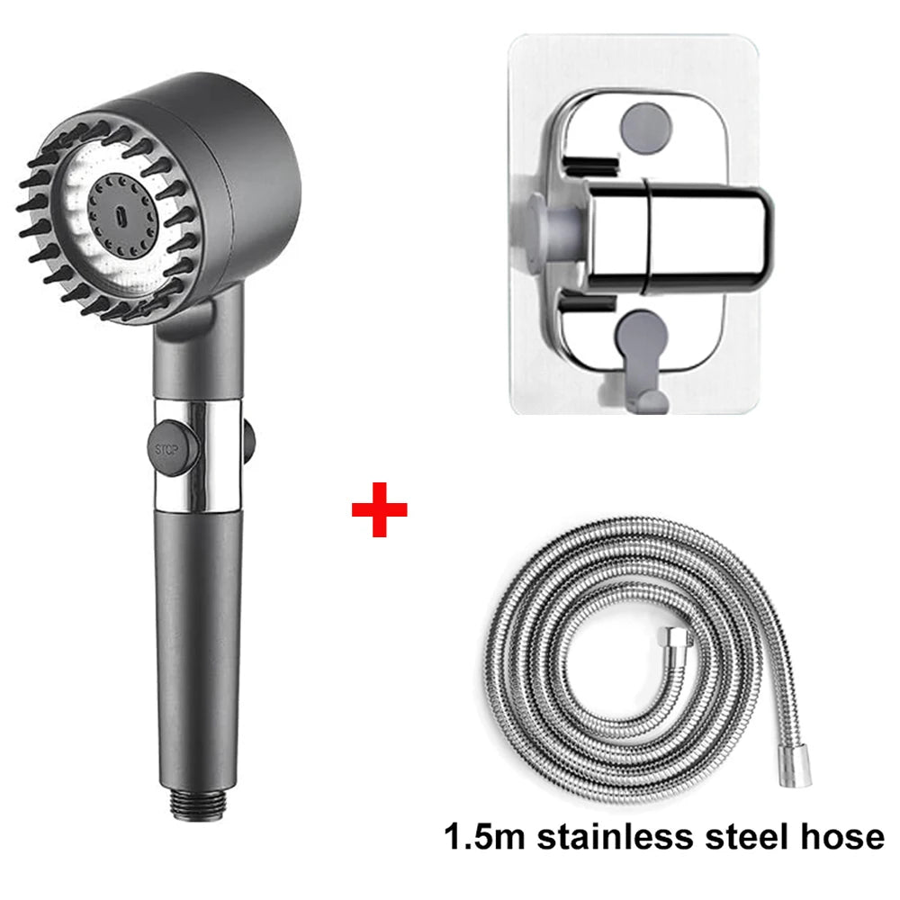 4 Modes Handheld Shower Head with Brush Cotton Filters One-click Stop Water Saving High Pressure Showerhead for Bathroom