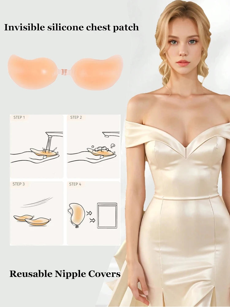 Women Reusable Silicone Bra Sticker Adhesive Invisible Bra Chest Patch Female Mango Patch Pad Strapless Underwear Silicone Bras