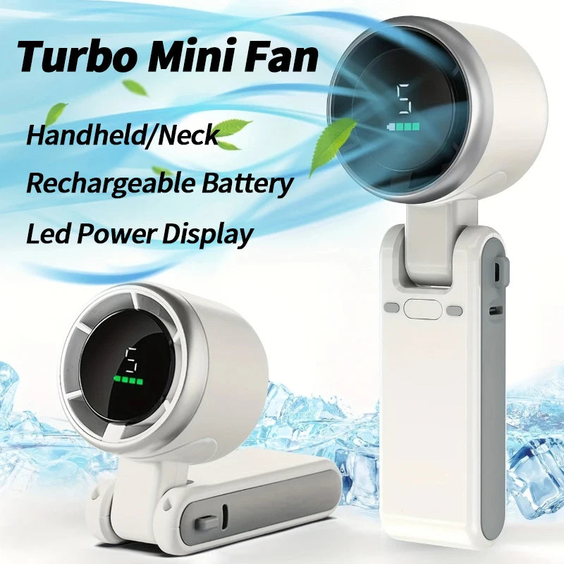 2025 New Hand-held LED Display 180 Degree Folding Desktop Mini Fan Hanging Neck Outdoor Folding High-speed Powerful Turbo Fan