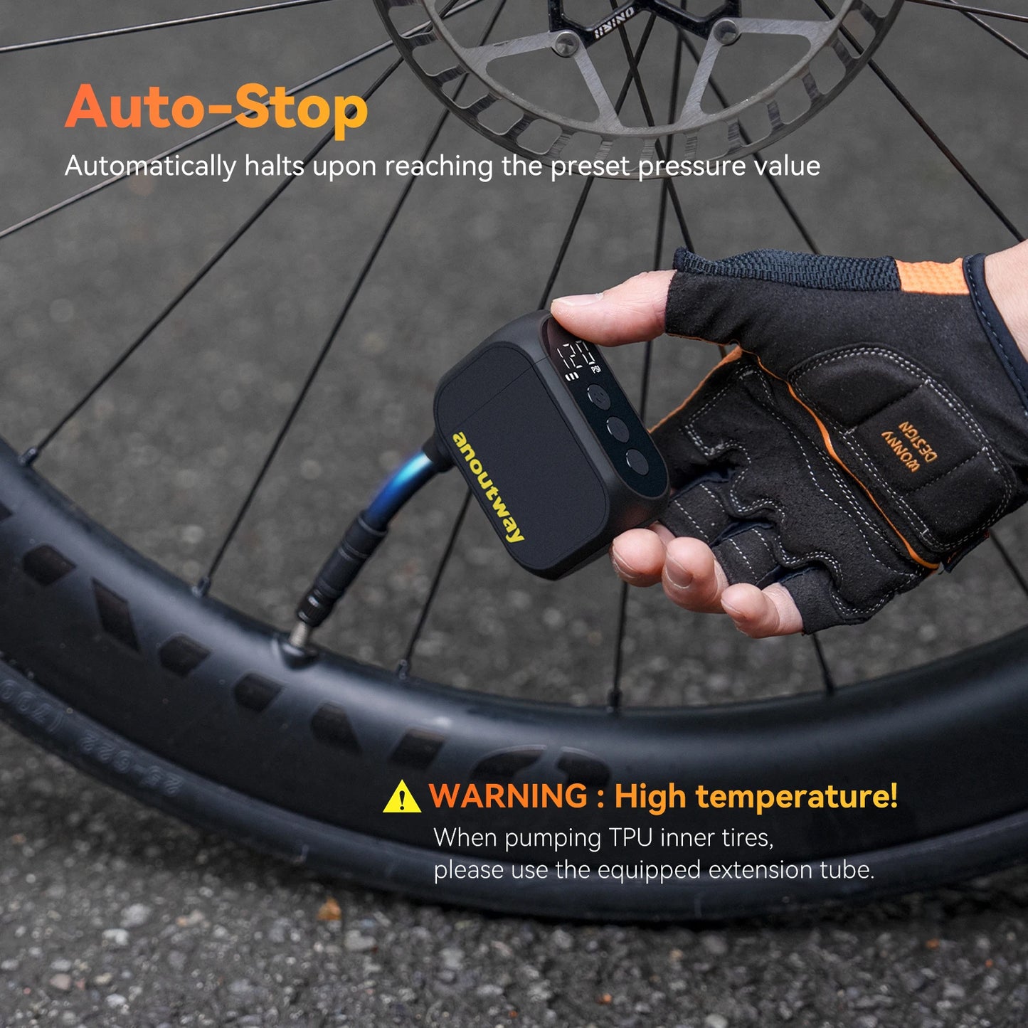 anoutway AT1 Pro Mini Electric pump for Bike Cordless Tire Inflator with Screen 25 Mins Fast Charging 120PSI Max 450mAh Battery