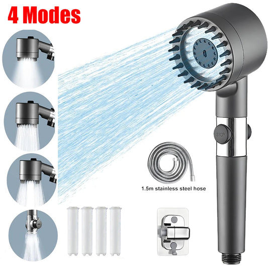 4 Modes Handheld Shower Head with Brush Cotton Filters One-click Stop Water Saving High Pressure Showerhead for Bathroom