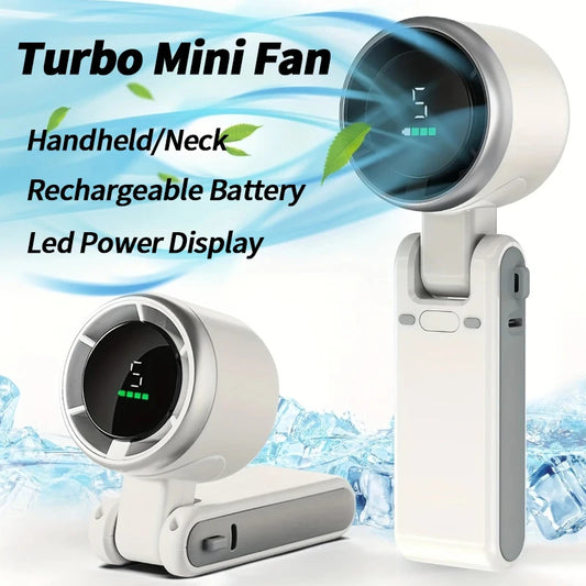 2025 New Hand-held LED Display 180 Degree Folding Desktop Mini Fan Hanging Neck Outdoor Folding High-speed Powerful Turbo Fan