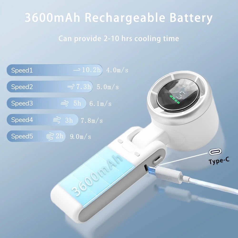 2025 New Hand-held LED Display 180 Degree Folding Desktop Mini Fan Hanging Neck Outdoor Folding High-speed Powerful Turbo Fan